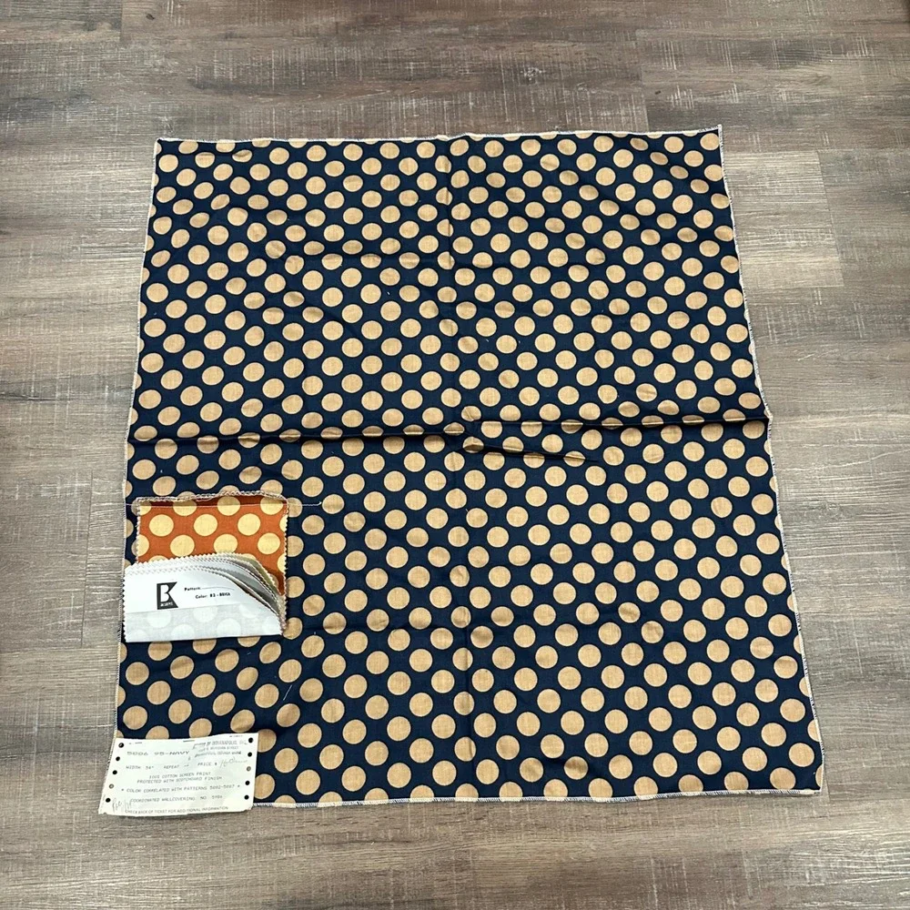 VINTAGE 1979 Krupnick Bros Polka Dot Fabric Sample Swatch Navy Blue‎ MCM Decor